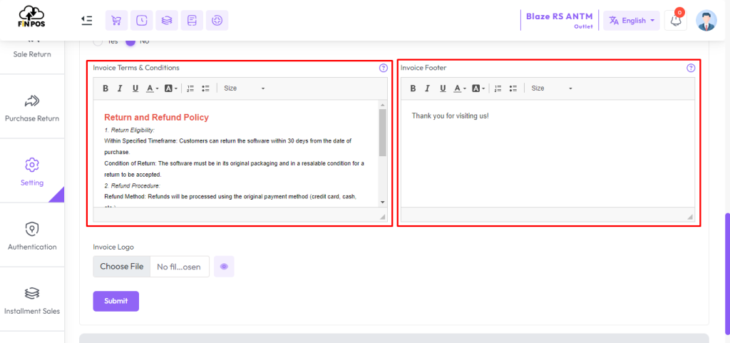 invoice terms and footer