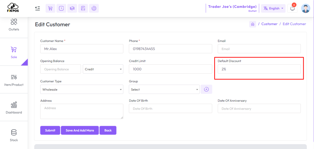 customer default discount example