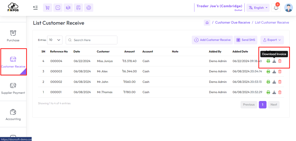 customer receive invoice download