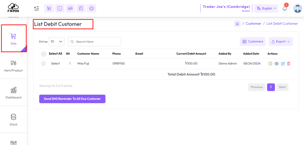 debit customer list