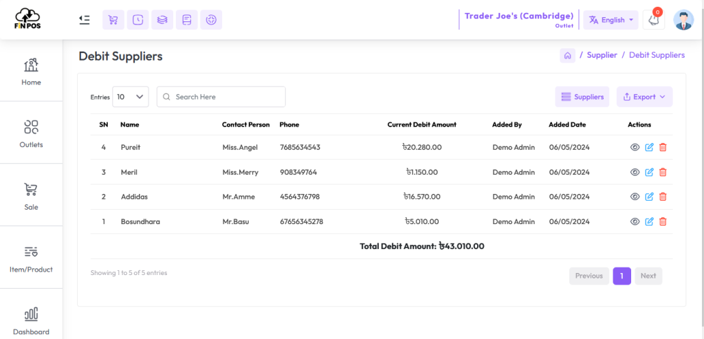 debit supplier list