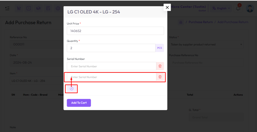 add purchase return serial 2