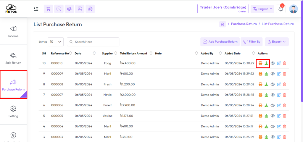 list purchase return
