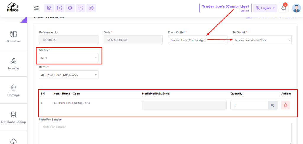 summary general items transfer